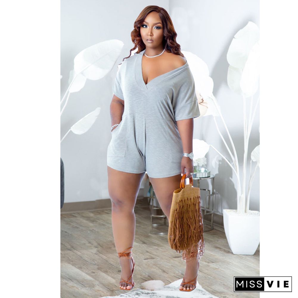 Plus Size Short Sleeve V Neck Loose Casual Rompers