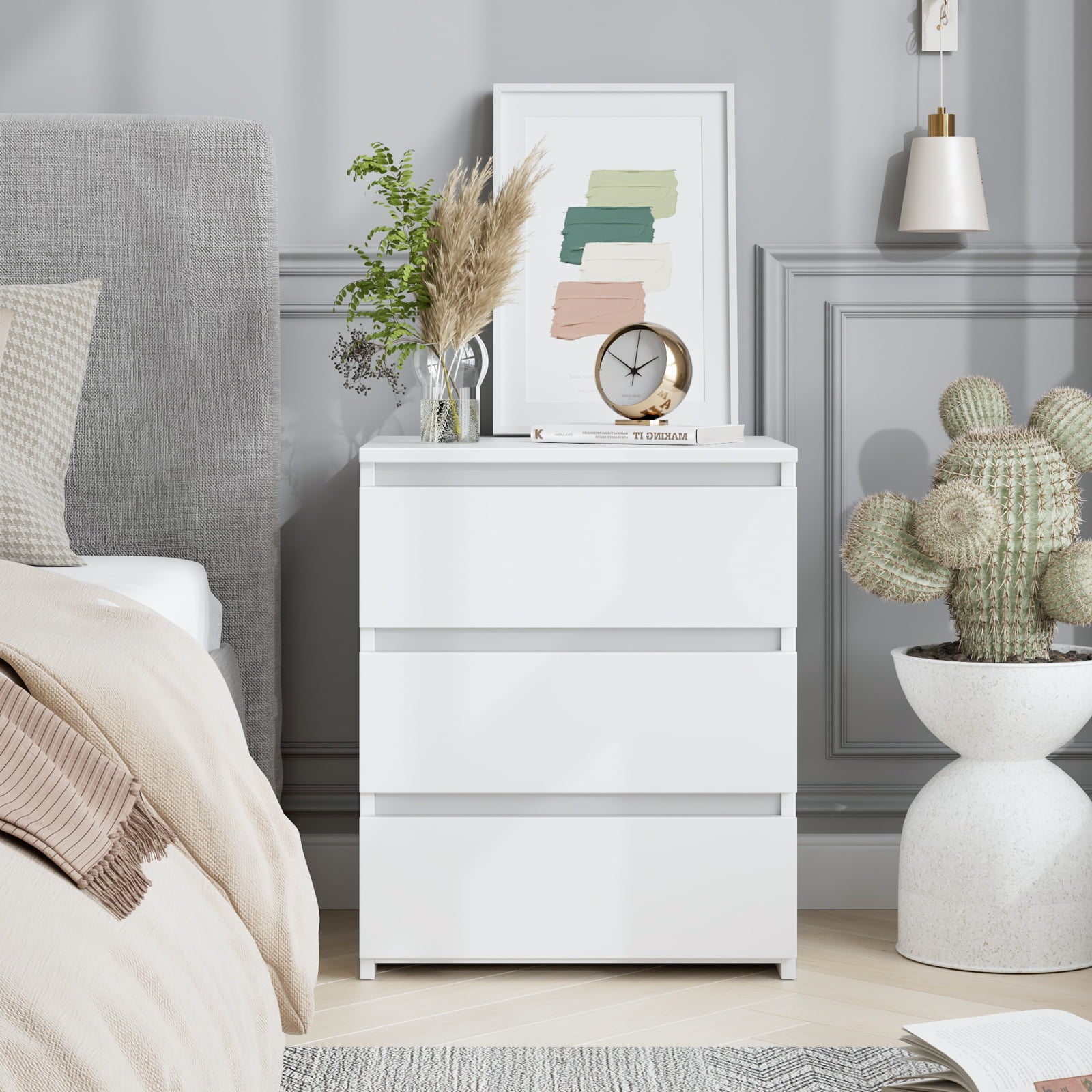 Homfa White Nightstand with Drawers, 3-Tier Sofa Table, Modern Wooden Storage Cabinet for Bedroom