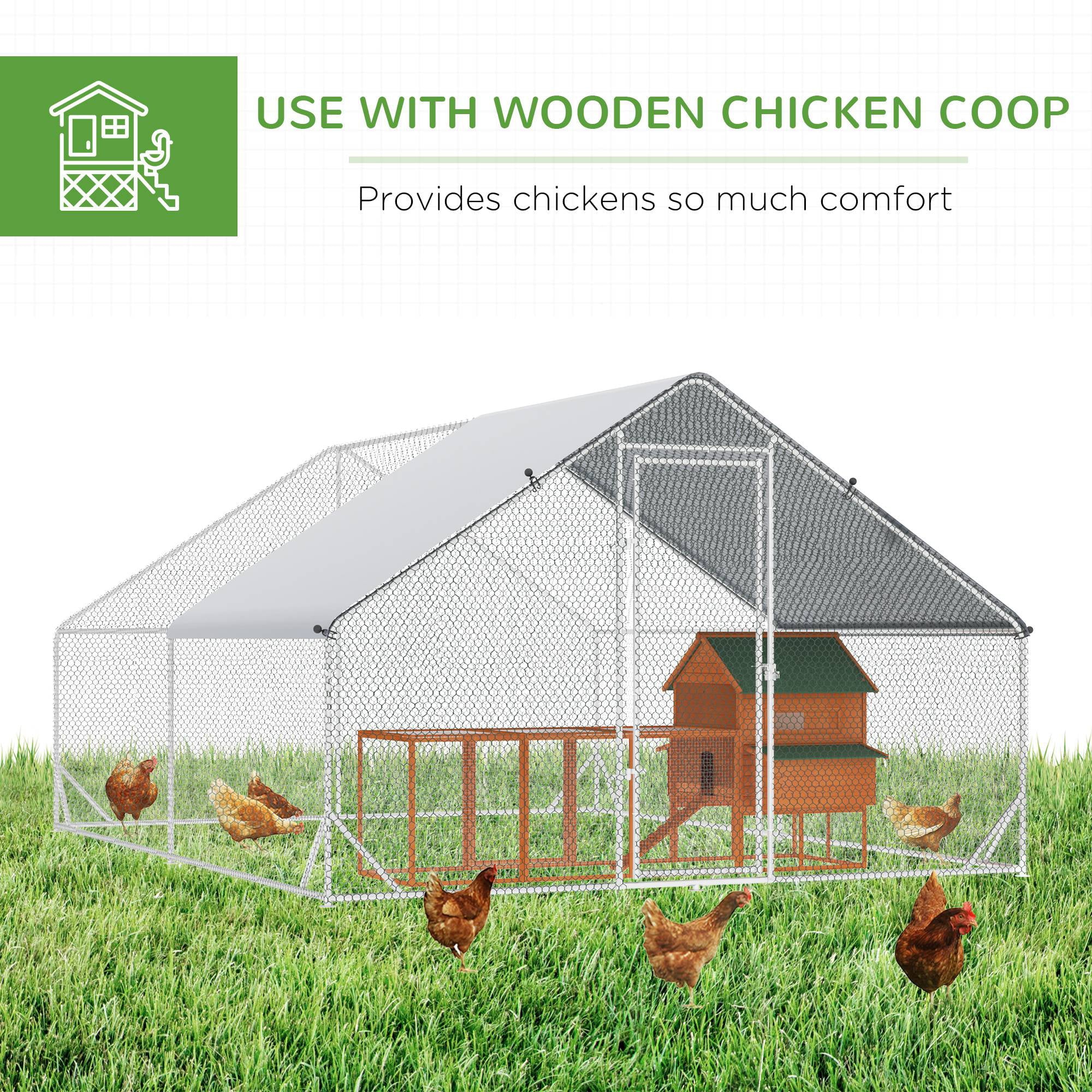 PawHut Large Metal Chicken Coop， Walk-in Poultry Cage Galvanized Hen Playpen House with Cover and Lockable Door for Outdoor， Backyard Farm， 10' x 13' x 6.5'， Silver