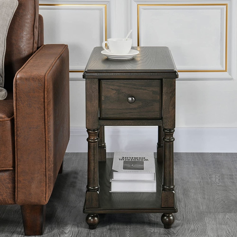 End Table with Drawer  Solid Wood 2 Tier End Side Table