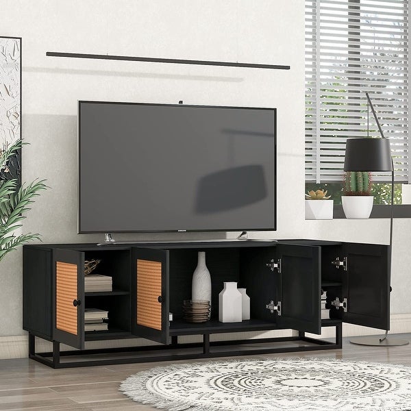 Rattan TV Stand for 65 Inch TV， Rustic TV Console Table with 4 Textured Rattan Doors and 2 Adjustable Panels