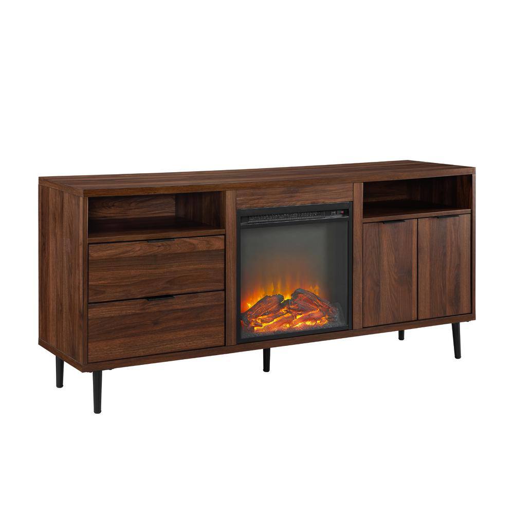 Welwick Designs 60 in. Dark Walnut Composite TV Stand with 2 Drawer Fits TVs Up to 66 in. with Electric Fireplace HD8345