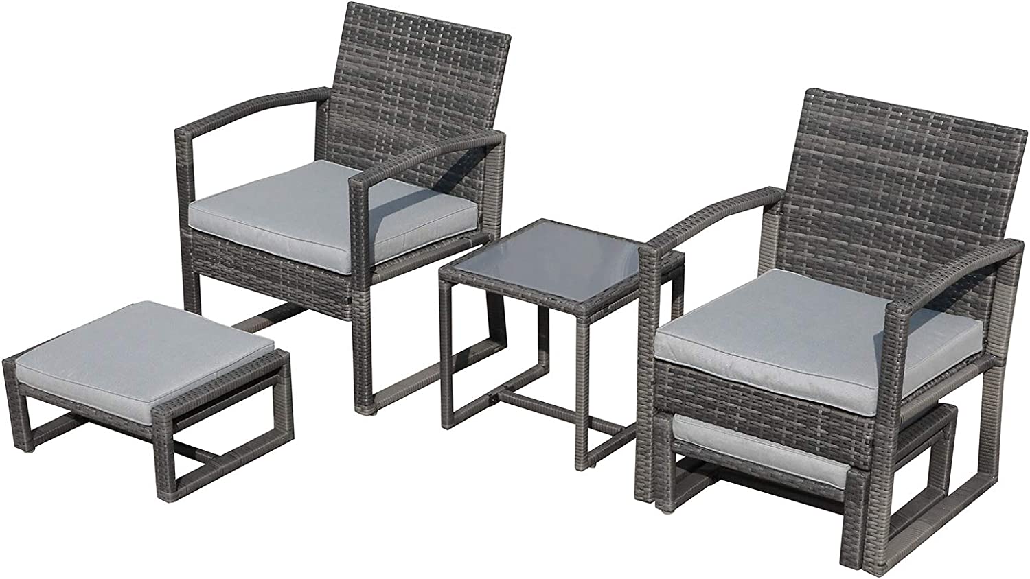 durable Patiorama 5 Piece Outdoor Patio Wicker Furniture Set  All Weather Grey PE Rattan Chair and Ottoman Footstool Set  W/Coffee Table  Cushions (Light Grey) for Garden  Balcony  Porch