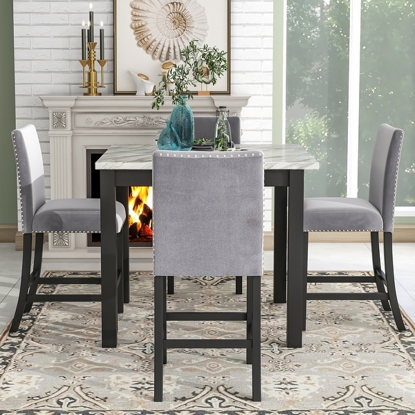 Counter Height Dining Table Set with One Faux Marble Dining Table and Four Upholstered Seat Chairs(Set of 5)