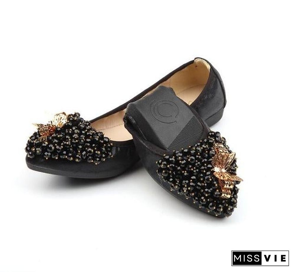 Woman Sequined Flat Shoes Elegant Rhinestone Fashion Foldable Flats