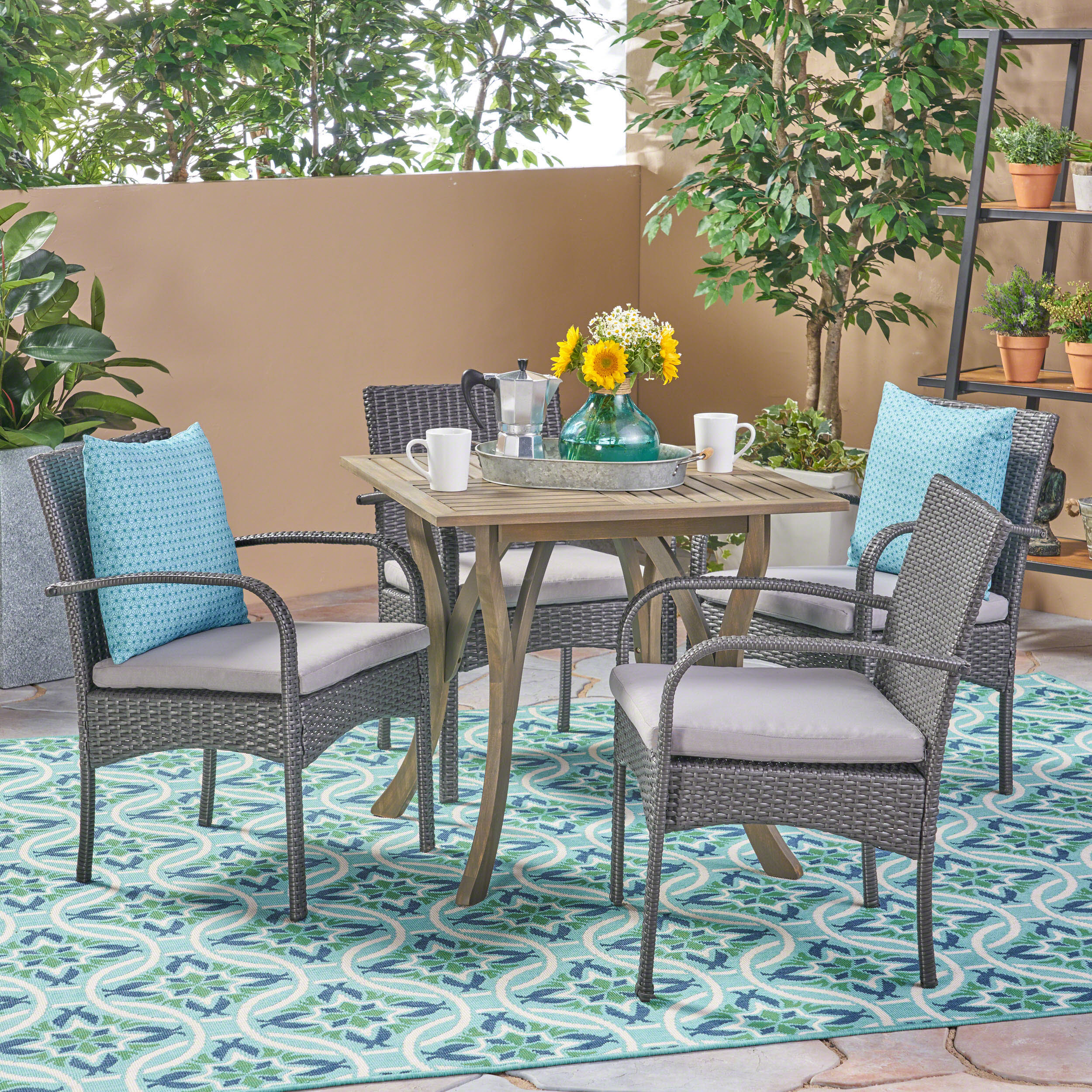 Derek Outdoor 5 Piece Wood and Wicker Square Dining Set, Gray and Gray