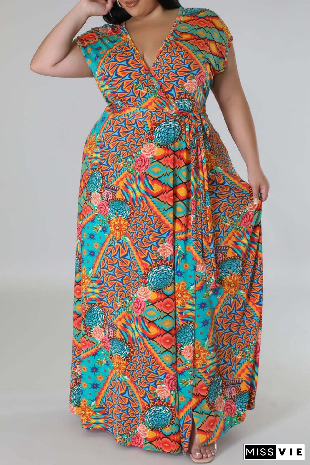 Multicolor Casual Print Slit V Neck Short Sleeve Dress Plus Size Dresses