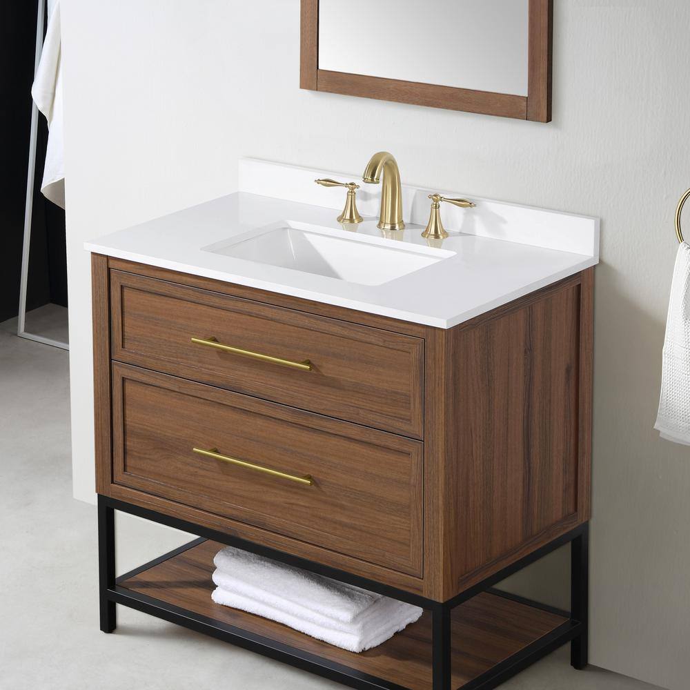 Home Decorators Collection Corley 36 in. W x 19 in. D x 34.50 in. H Single Sink Bath Vanity in Spiced Walnut  White Engineered Stone Composite Top Corley 36SW