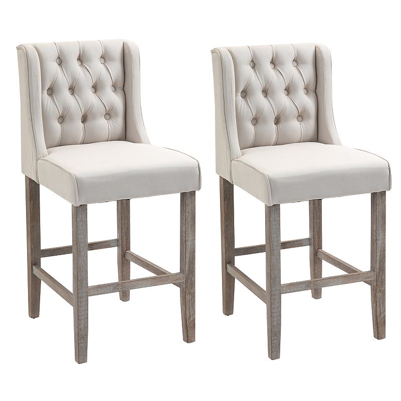 HOMCOM 26.25 Counter Height Bar Stools Set of 2 Tufted Wingback Armless Upholstered Dining Chair with Rubber Wood Legs Ivory