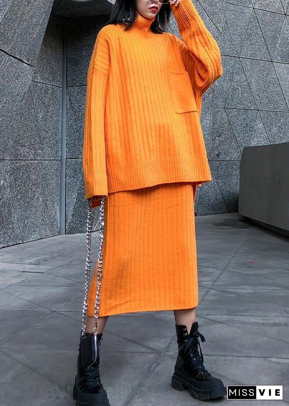 High neck sweater suit skirt two-piece long over-the-knee temperament autumn and winter knitted skirt