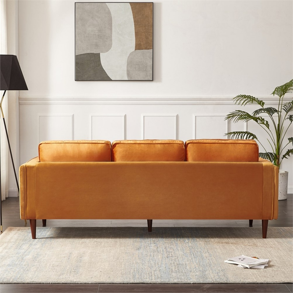 Hudson Living Room Mid Century Modern Pillow Back Velvet Sofa in Orange   Midcentury   Sofas   by Homesquare  Houzz