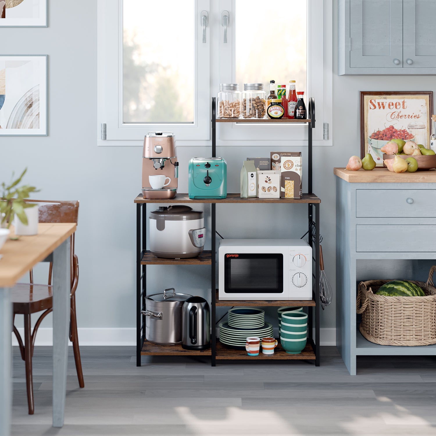 Homfa Bakers Rack， 5 Tier Wood Kitchen Stand with Storage Shelf， Iron Frame Microwave Oven Cart， Rustic Brown Finish