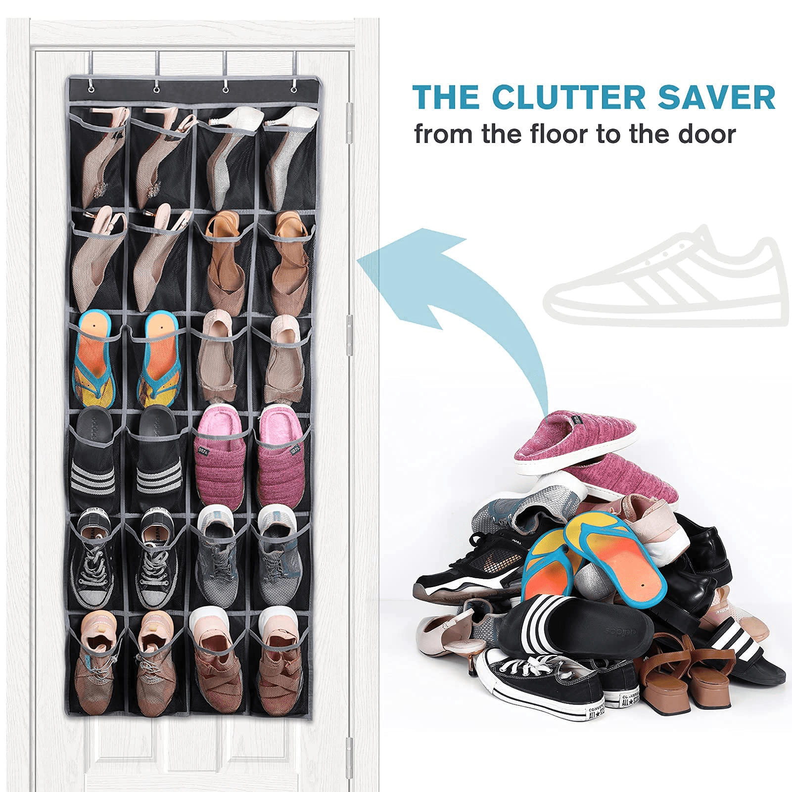 Over the Door Shoe Organizer 24 Large Mesh Pockets， Door Shoe Rack Holder Back of Door Shoe Storage Organizer Hanging， Black