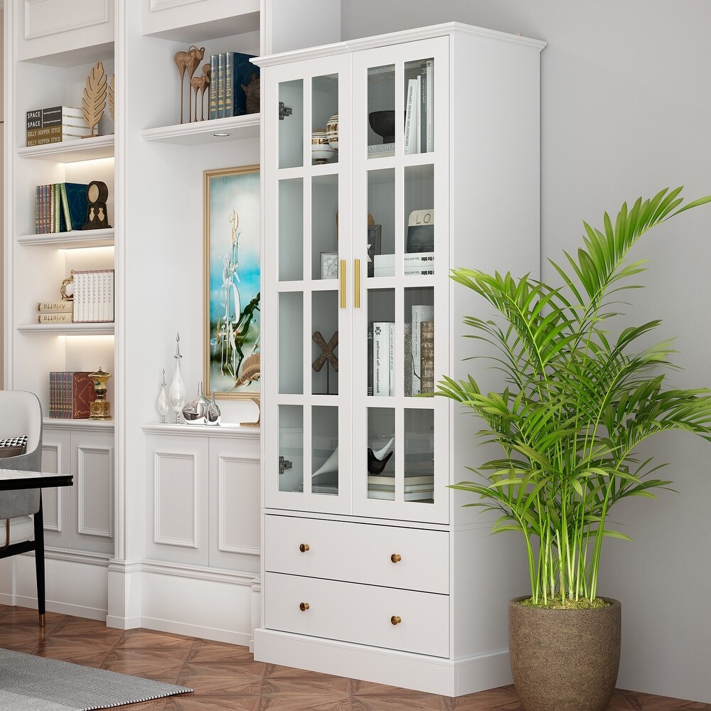 Display Cabinet with Glass Doors Bookcase Accent Living Room Hallway   70.1\