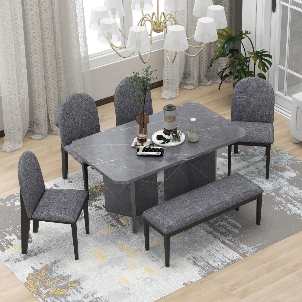 6 Piece Modern Style Dining Set with Faux Marble Table and 4 Upholstered Dining Chairs and 1 Bench