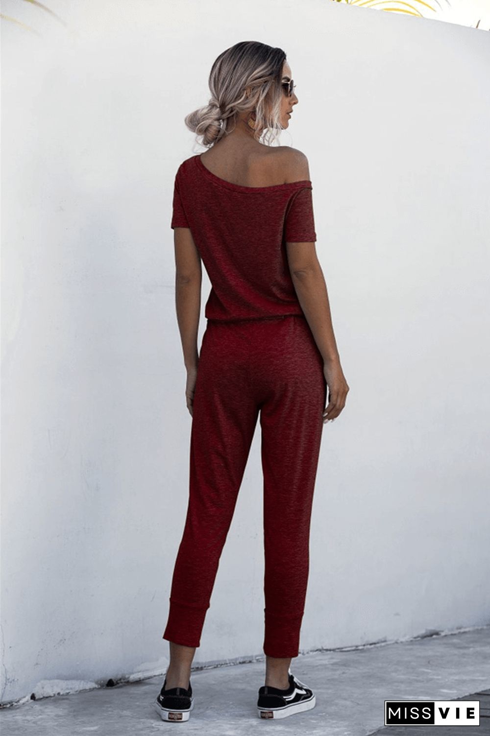 Fashion Off The Shoulder Solid Color Jumpsuit