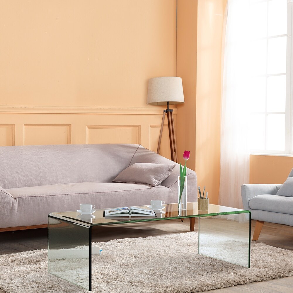 Glass Coffee Table Modern Clear Tempered Glass Table with Round Edges