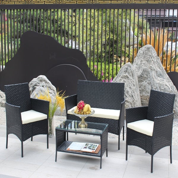 4 Pcs Rattan Patio Furniture Set Outdoor Patio Cushioned Seat Wicker Sofa Conversation Sets - Overstock - 37823590