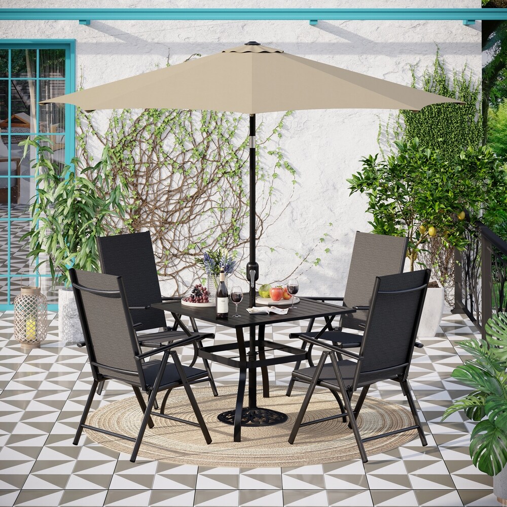 PHI VILLA 6 piece Patio Dining Set  1 Square Metal table  4 Adjustable Folding Chairs and 9ft Umbrella