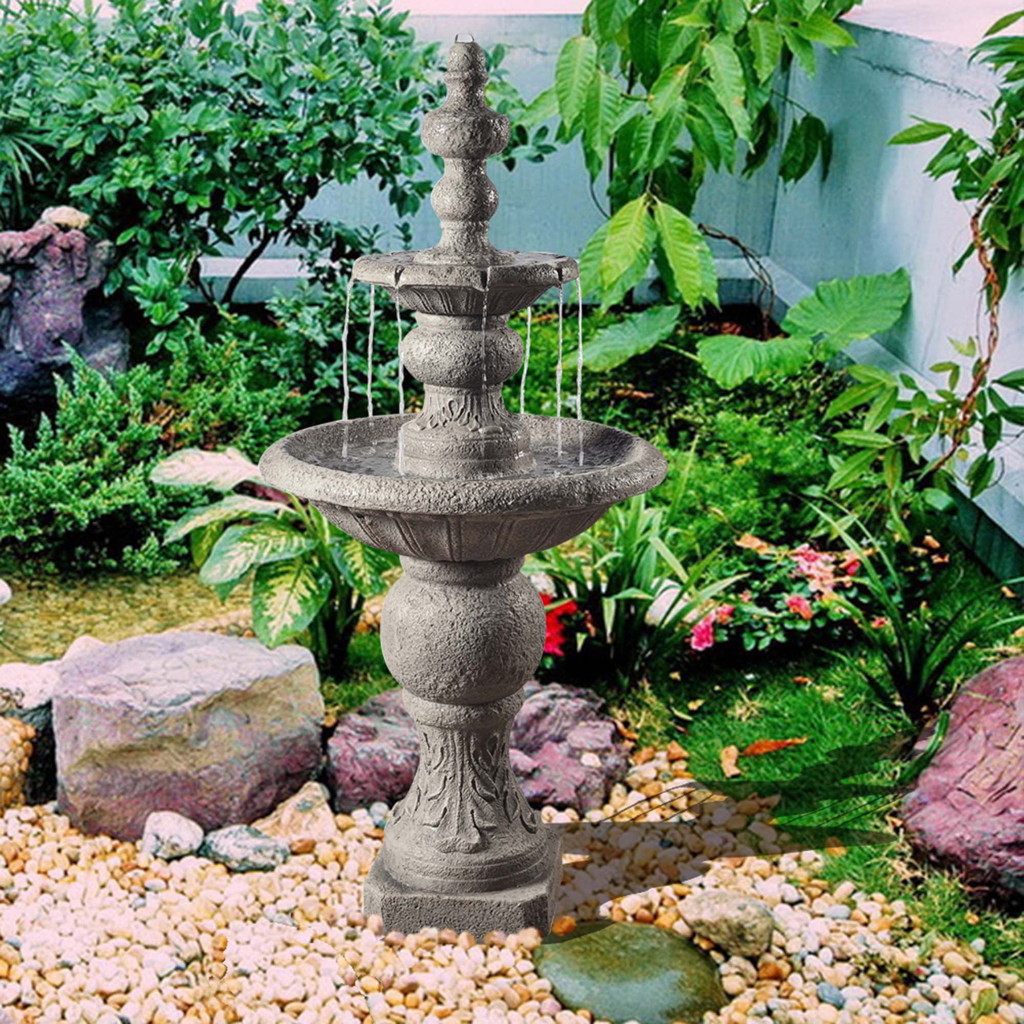 Teamson Home Outdoor Icy Stone 2-Tier Waterfall Fountain， Gray