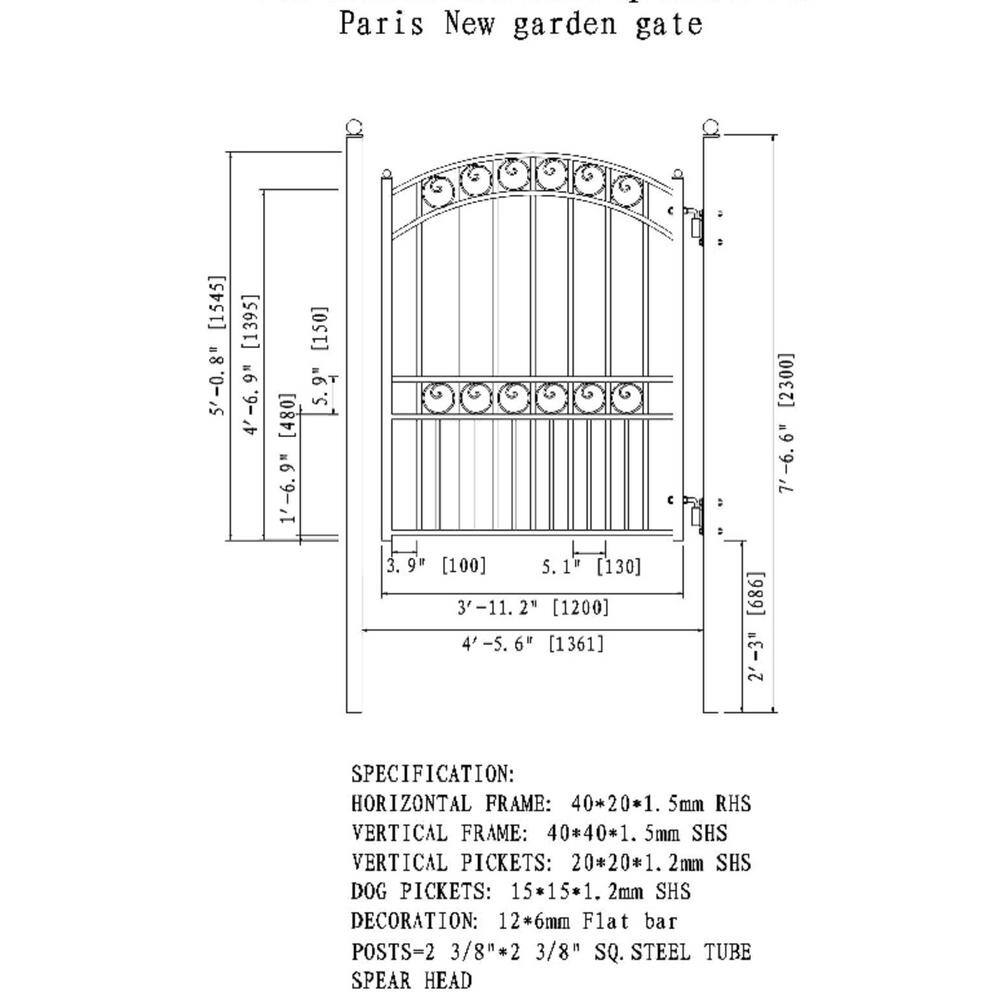 ALEKO Paris Style 4 ft. x 5 ft. Black Steel Pedestrian Fence Gate PGPAR-HD