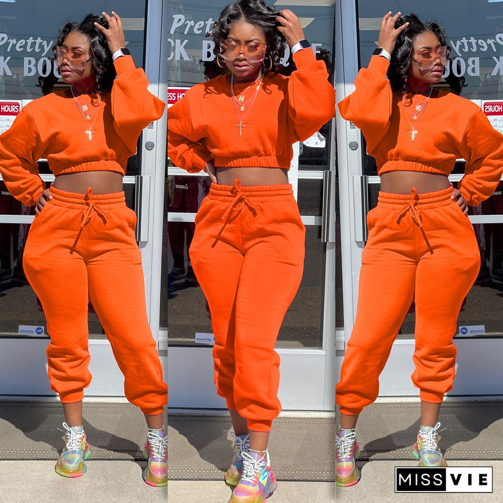 Thicken Long Sleeve Crop Top Sweatpants Set