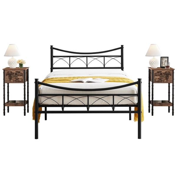 Taomika 3-pieces Bedroom Set，Black Platform Bed and Retro Nightstands Set of 2 - - 36146934