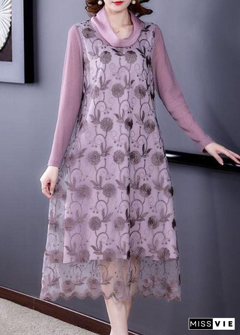 Purple Patchwork Tulle Maxi Dresses Embroideried Spring