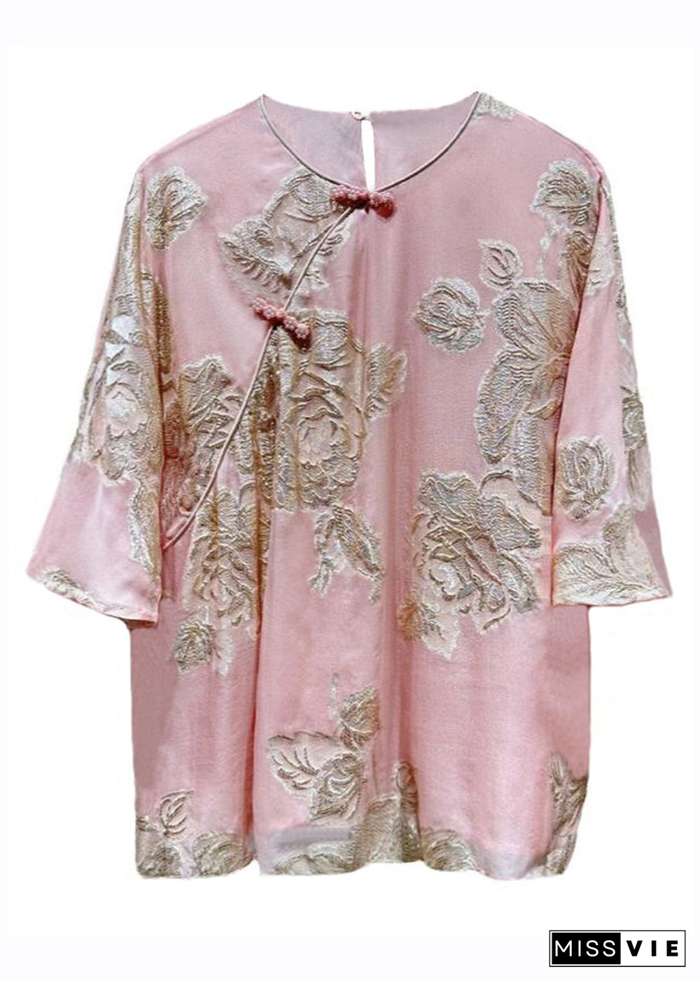 Chic Pink O-Neck Embroideried Button Silk Shirts Bracelet Sleeve