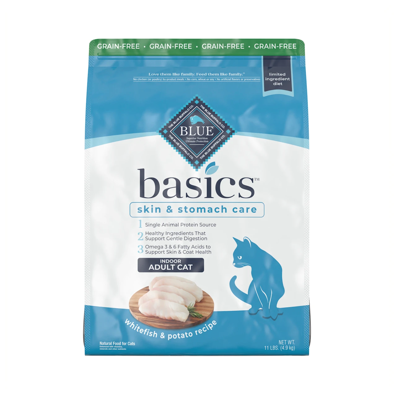 Blue Buffalo Blue Basics Skin and Stomach Care Natural Adult Grain Free Indoor Fish and Potato Adult Dry Cat Food， 11 lbs.