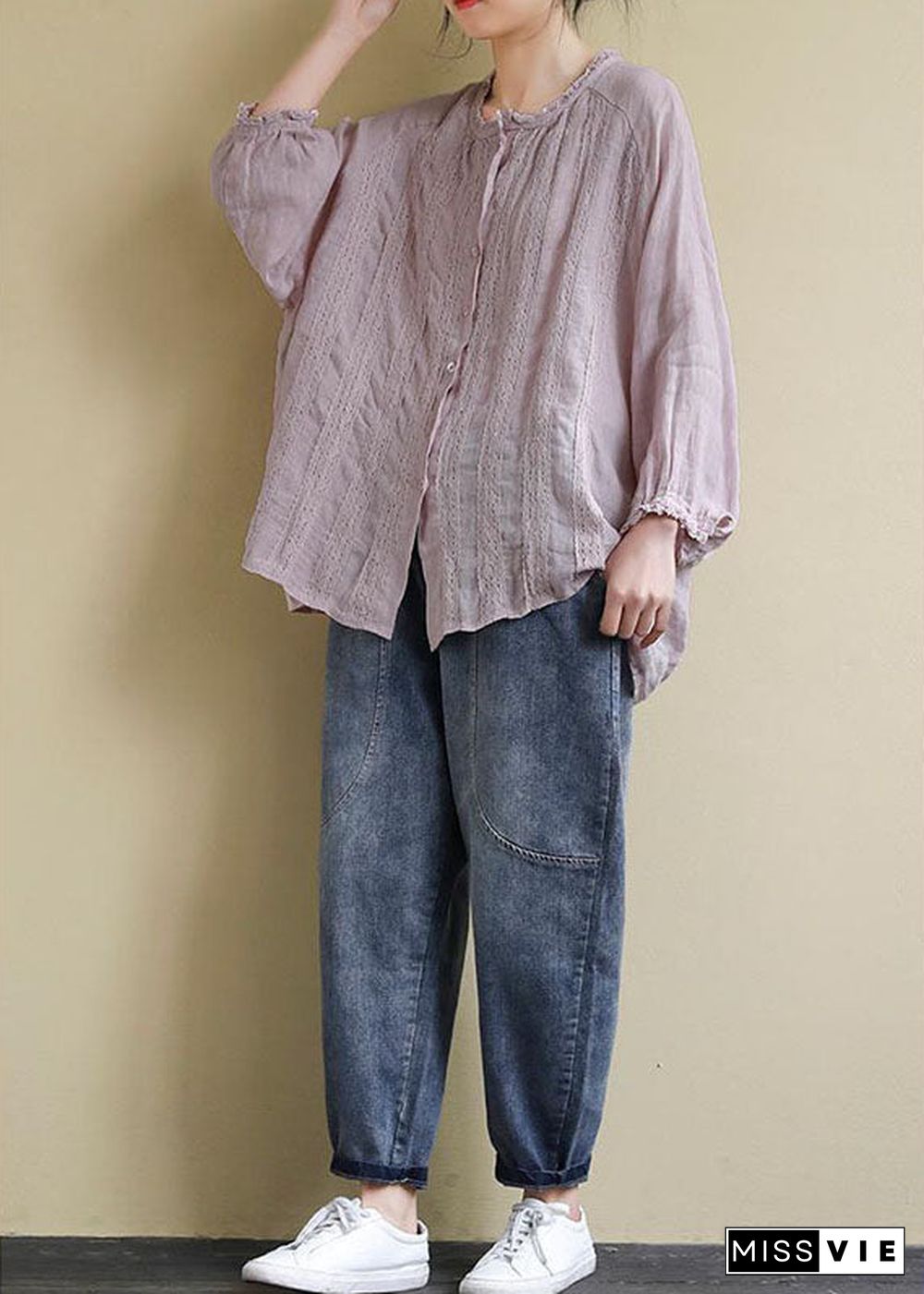 Pink Linen Shirt Tops Ruffled Long Sleeve