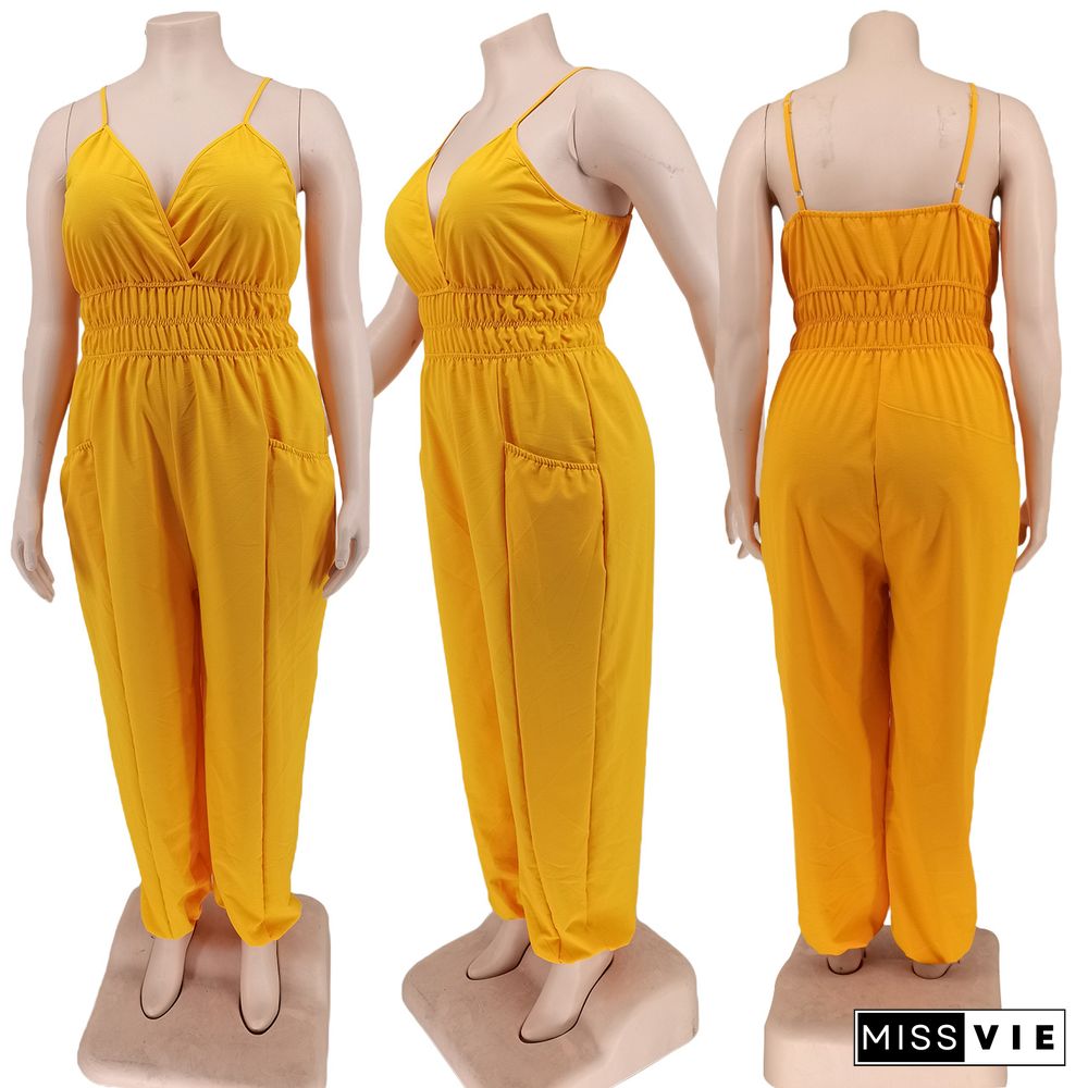 5XL Plus Size V Neck Spaghetti Strap Loose Jumpsuits