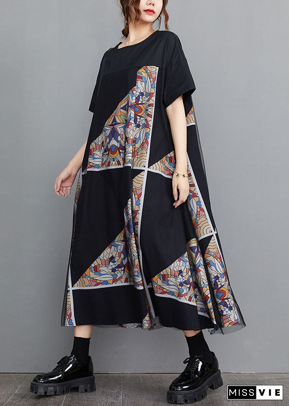 Modern Black O-Neck Tulle Patchwork Geometric Print Cotton A Line Dresses Short Sleeve