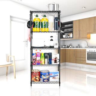 EFINE Black 5-Tier Carbon Steel Wire Garage Storage Shelving Unit with 8 Hooks (23.6 in. W x 59 in. H x 14 in. D) RL100-5