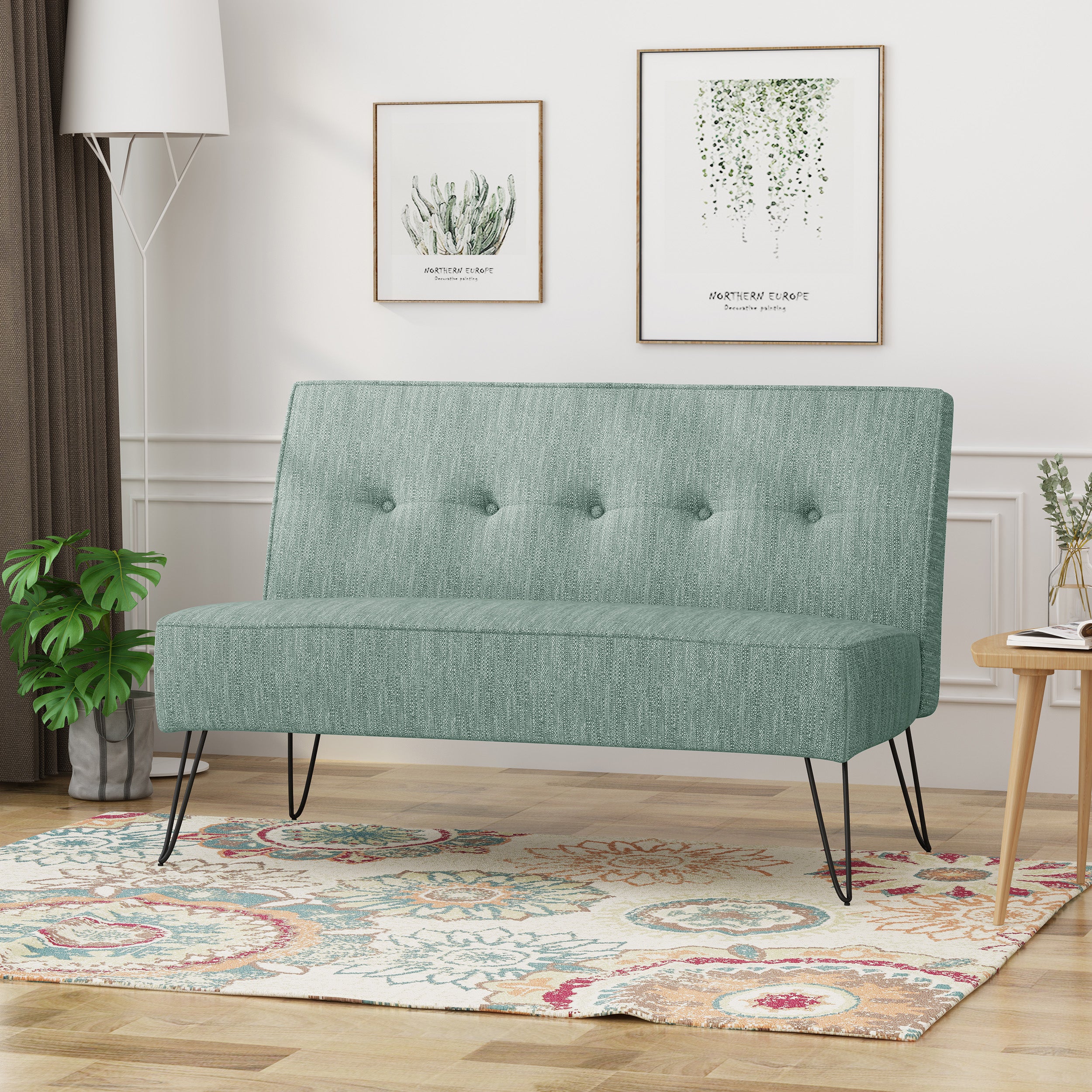 Simona Modern Fabric Settee with Hair Pin Legs