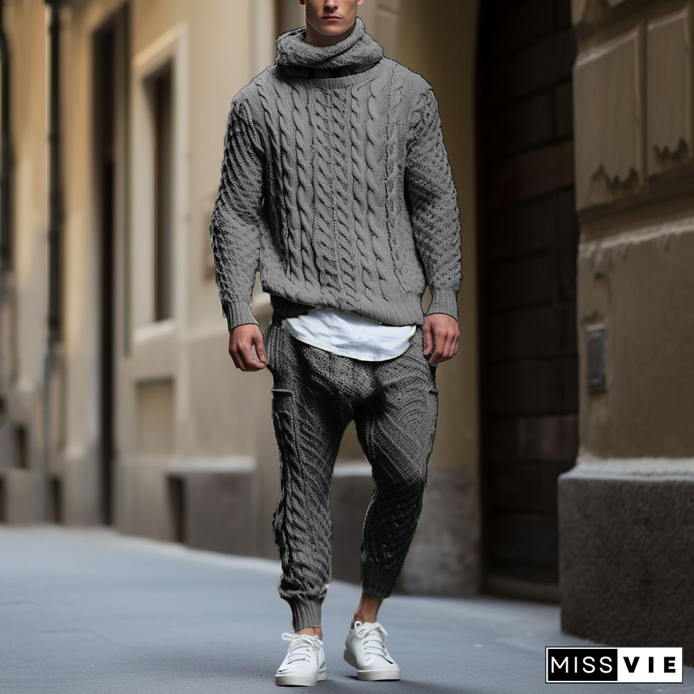 Men's Casual Solid Twist Knit High Neck Long Sleeve Sweater & Pants 2Pcs Set