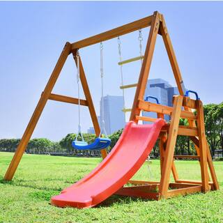 Outdoor Wooden Swing Set with Slide LMM00062Q