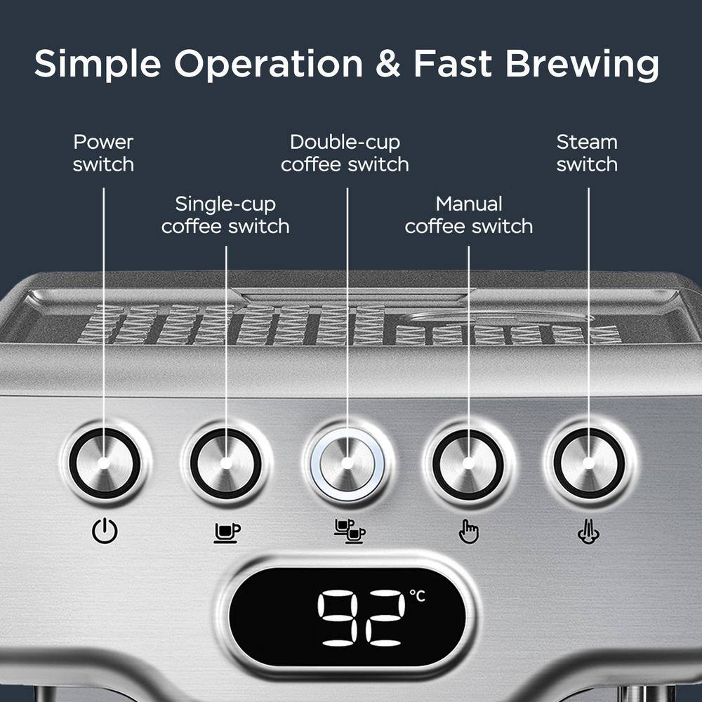 2- Cup Silver 20 Bar Espresso Machine with Milk Frother 1.8L Water Tank Stainless Steel ECF-20EGCF-GC