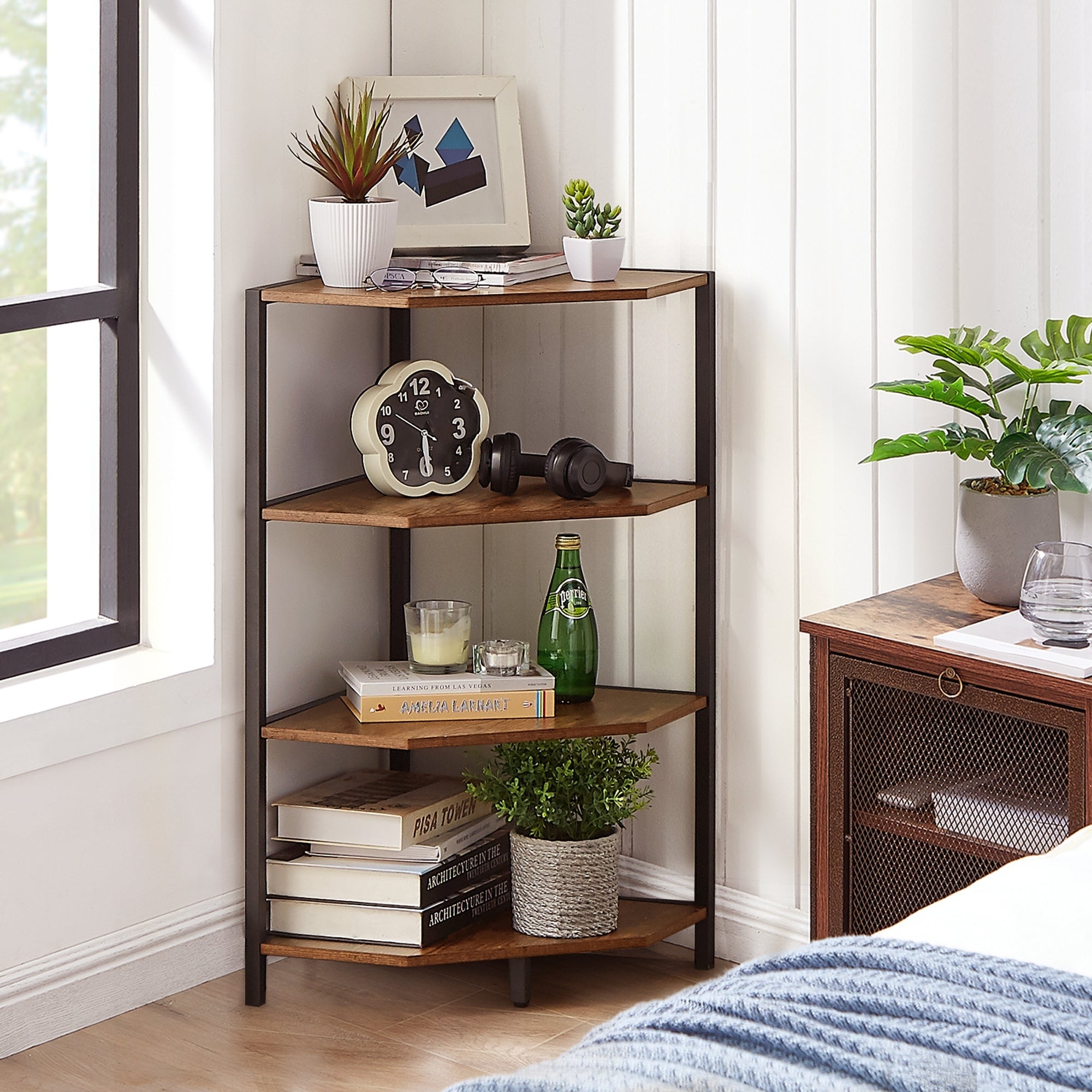 VECELO Polygonal Corner Side Table with 4-Tier Storage Shelves