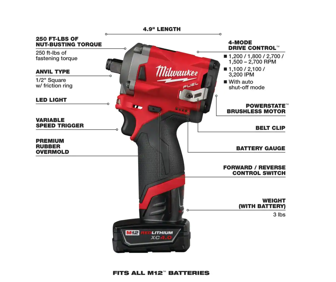 Milwaukee 2555-22-48-11-2460 M12 FUEL 12V Lithium-Ion Brushless Cordless Stubby 1/2 in. Impact Wrench Kit with 6.0Ah Battery