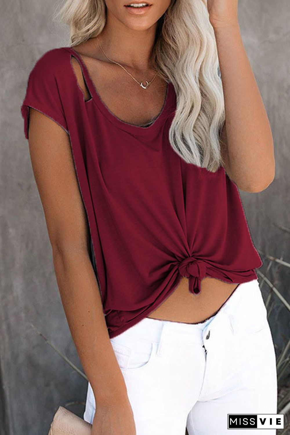 Casual Solid Ripped O Neck T-Shirts(7 Colors)