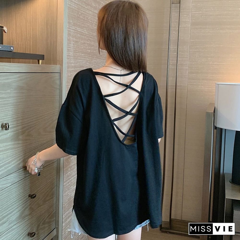 Backless Pure Color Loose T-Shirt