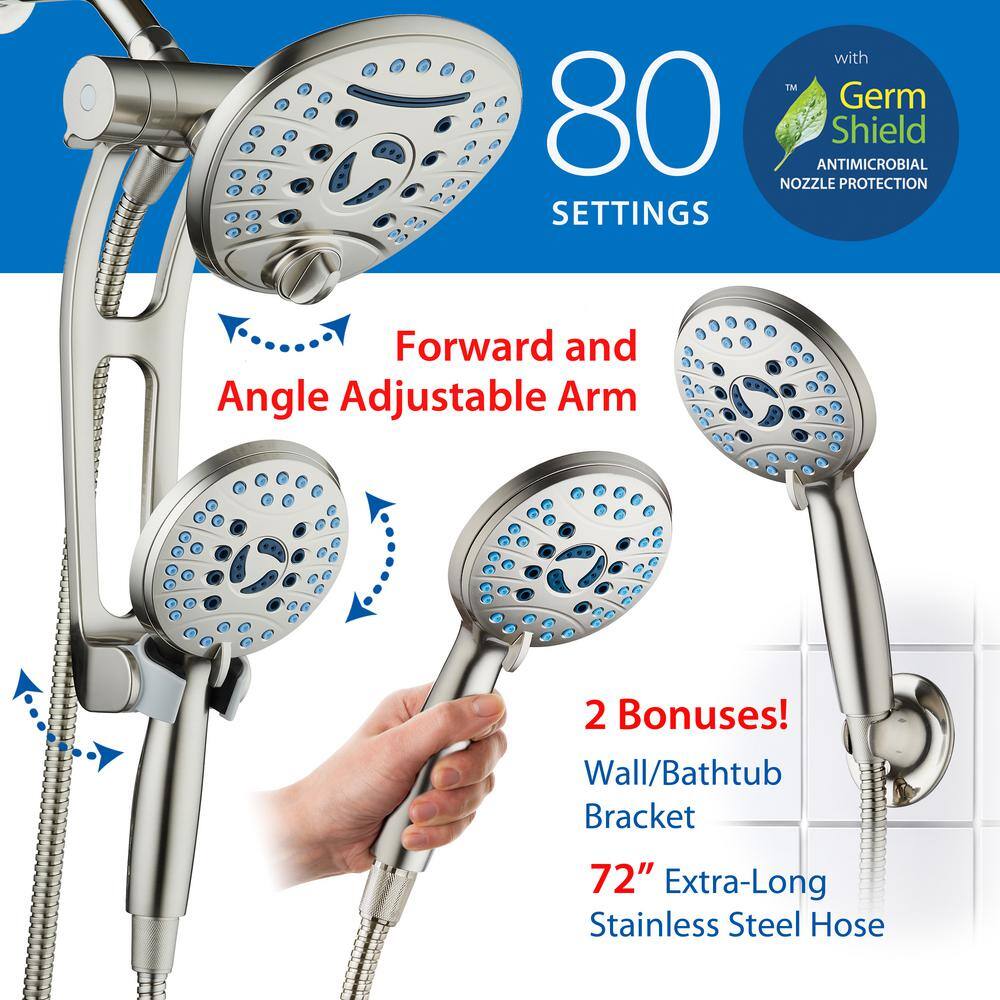 AQUACARE 80-Spray Patterns 2.5 GPM 7 in. Wall Mount Dual Shower Heads and Handheld Shower Head Antimicrobial in Satin Nickel 43266