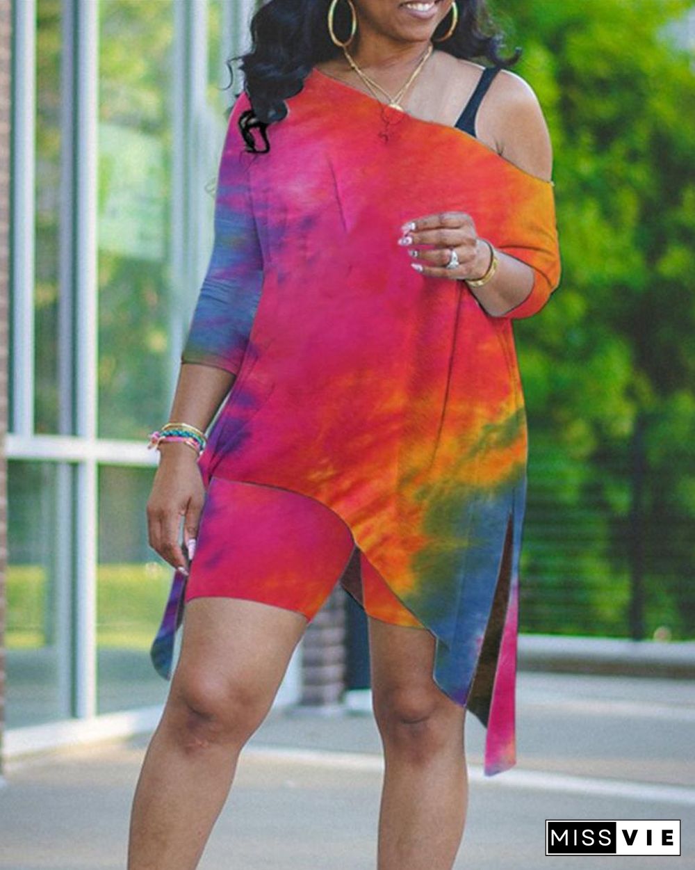 Tie Dye Slash Neck Asymmetrical Split Top & Shorts Set