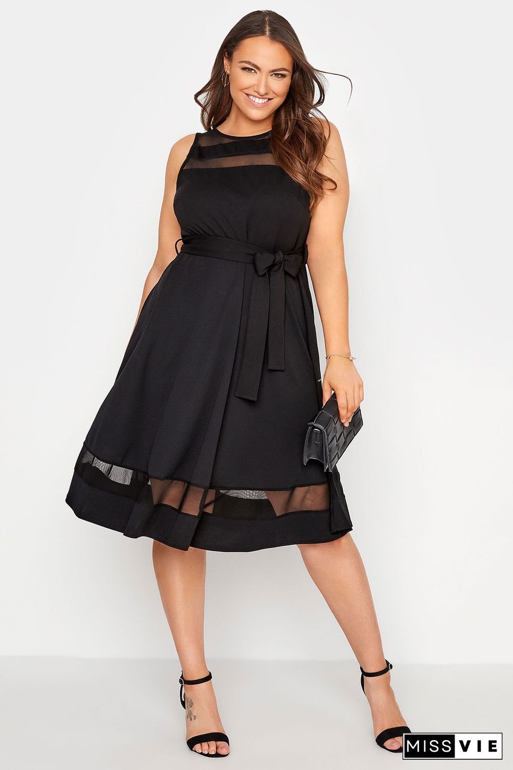 Black Plus Size Mesh Panel Skater Dress