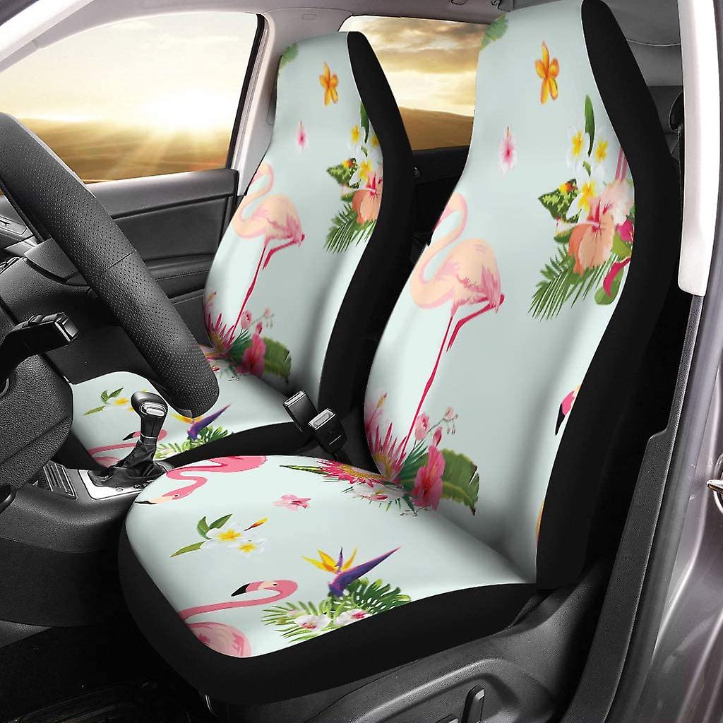 Set Of 2 Car Seat Covers Pink Pattern Flamingo Bird And Tropical Flowers Retro Universal Auto Front Seats Protector Fits