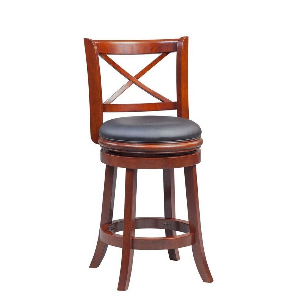 Gia 24 Inch Swivel Counter Stool， Solid Wood， Faux Leather， Cherry Brown - 19.5 L x 18 W x 37.5 H