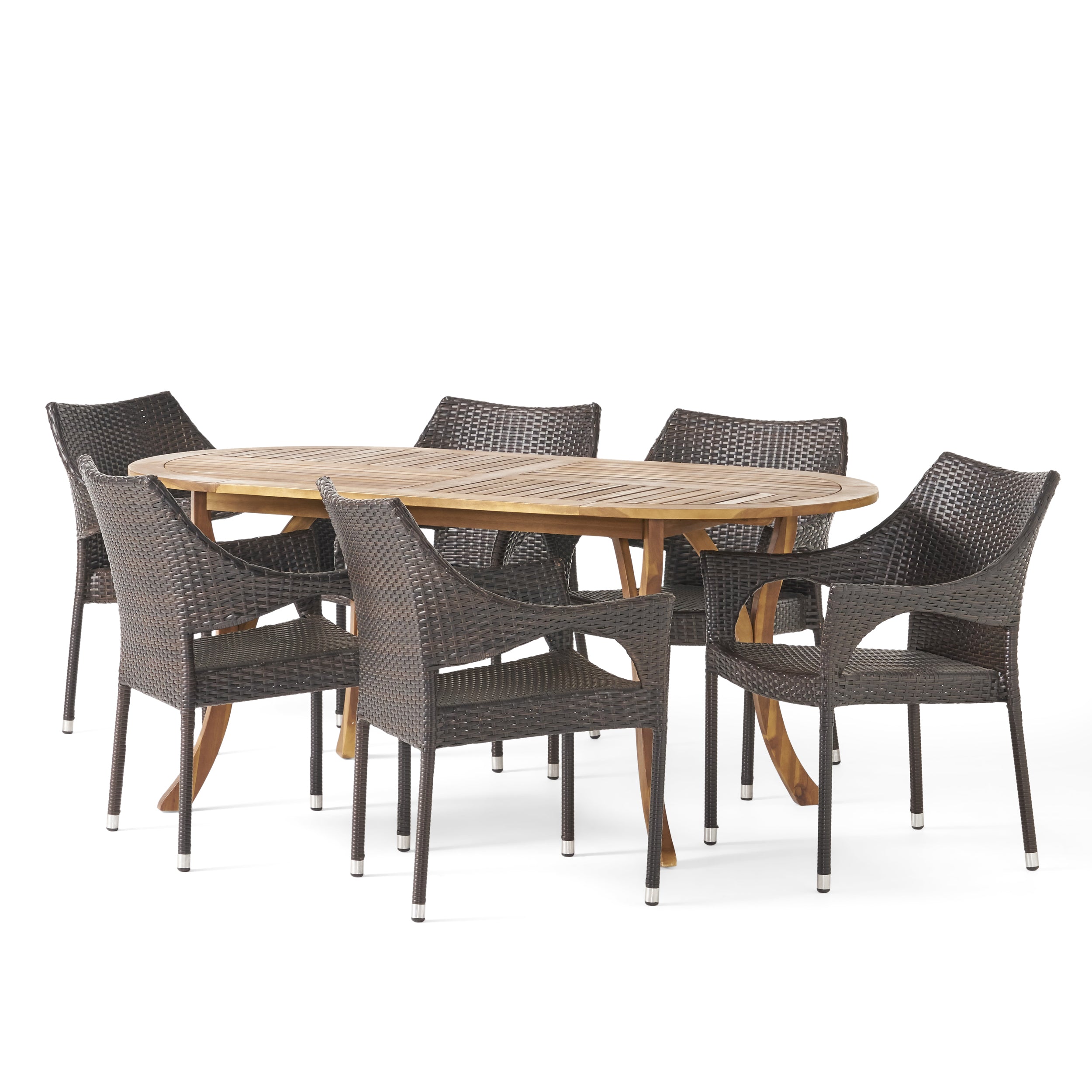 Reeder Outdoor 7 Piece Acacia Wood and Wicker Dining Set, Teak with Multi Brown Chairs