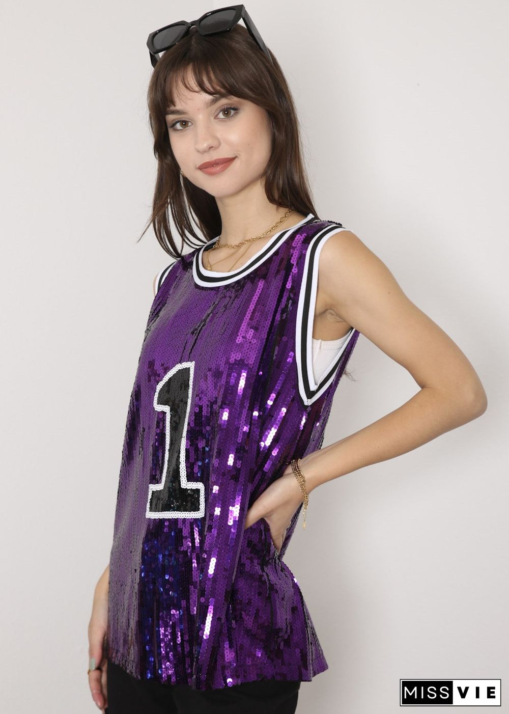 Sparkle Glitter Hip Hop Number 1 T-Shirt Top Blouse Tunic Sequins Basketball Tank Vests