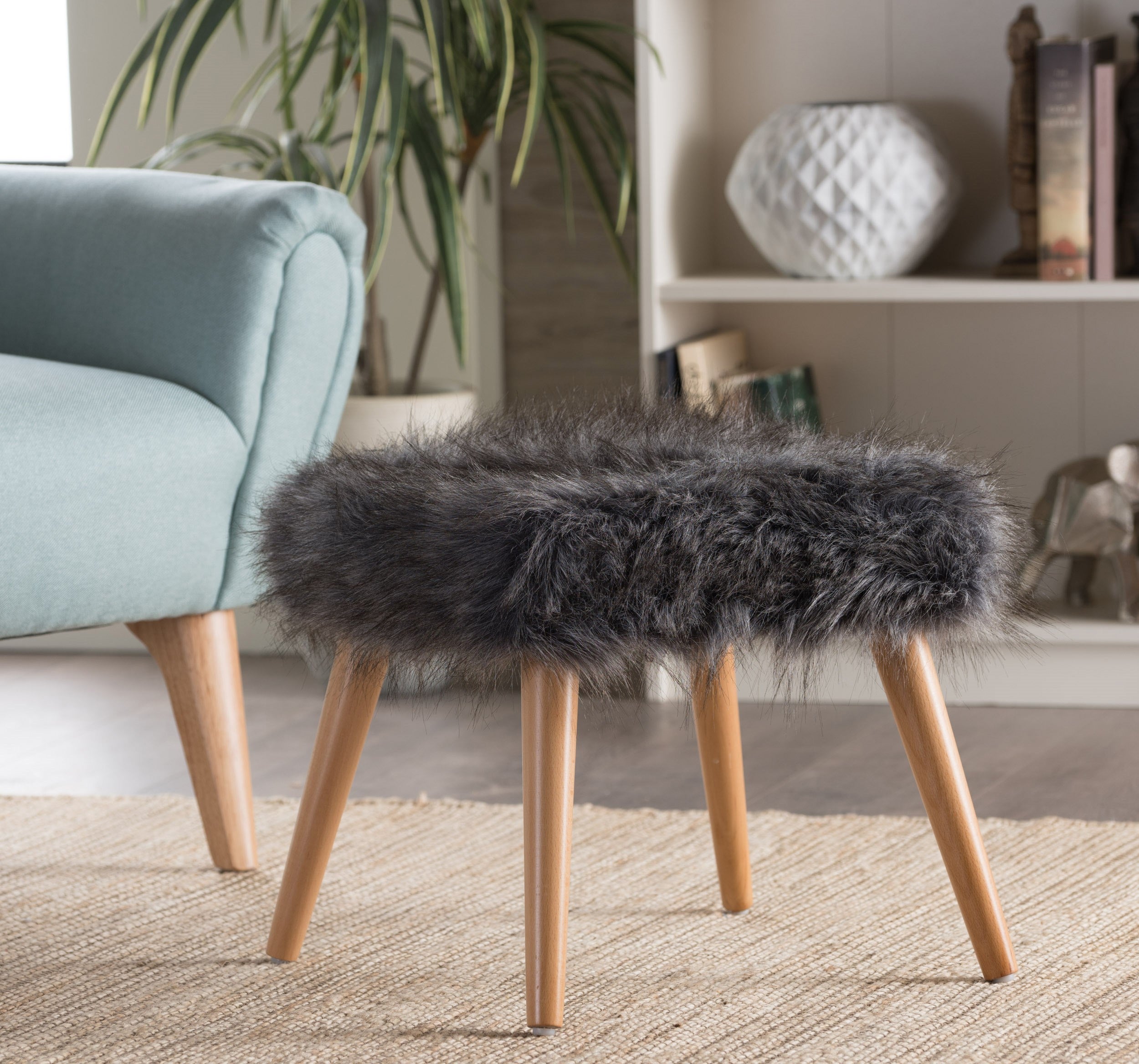 Hussey Glam Boho Faux Fur Ottoman Stool